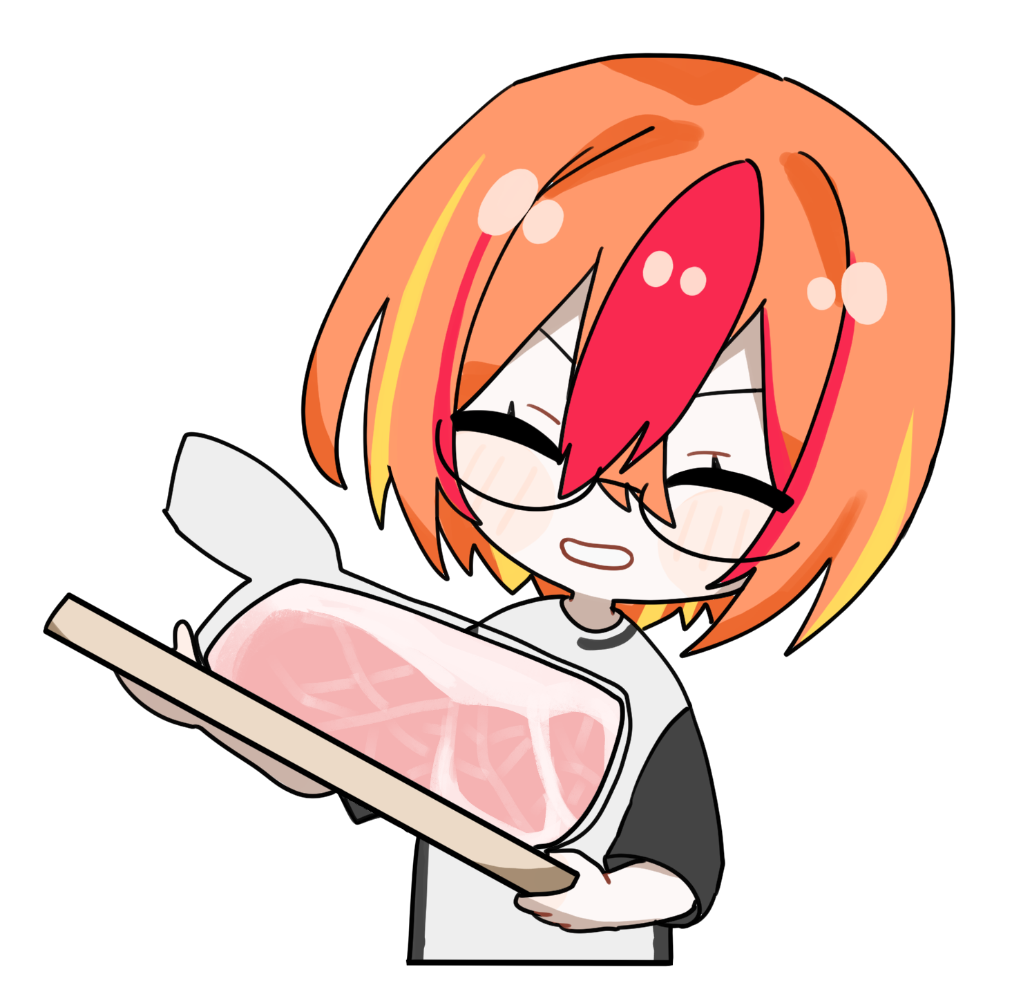 笑顔でお肉を持つ、ながながハラミのイラスト